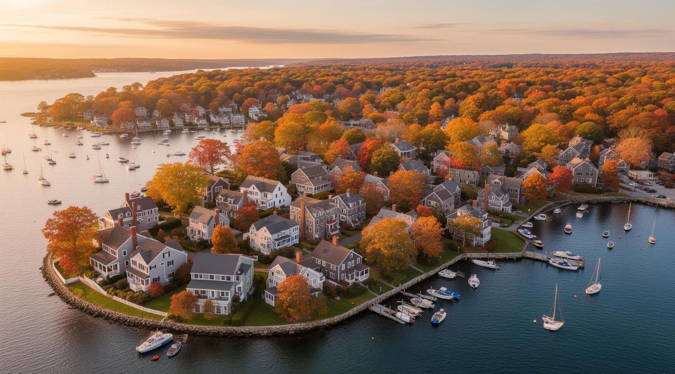 Aerial view of Groton, Connecticut shoreline with sailboats and fall foliage