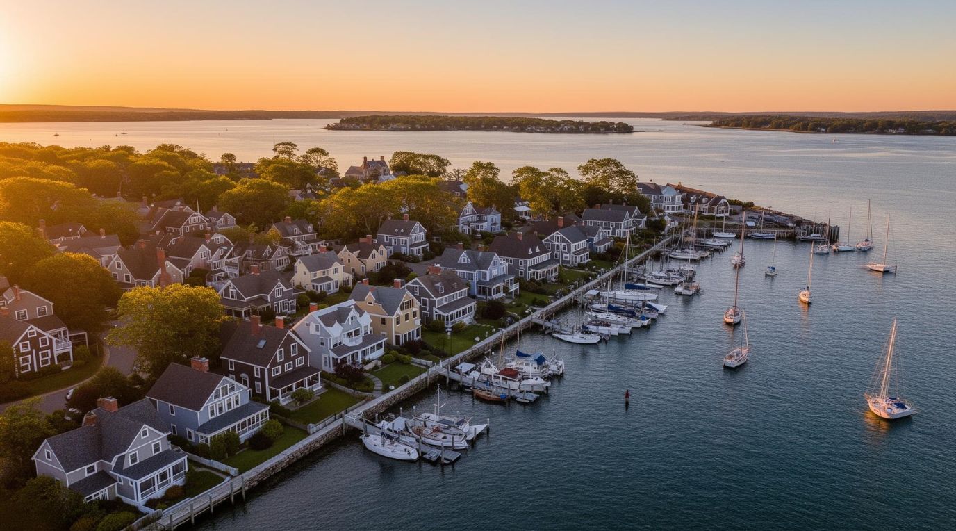 Aerial view of Stonington, Connecticut waterfront homes and marina at sunset
